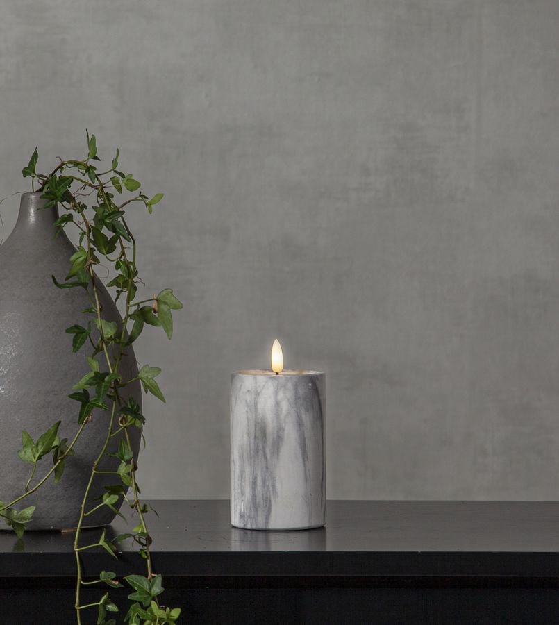 LED Pillar Kerze Flamme Marble - Indoor, Grau, 15cm, Timerfunktion