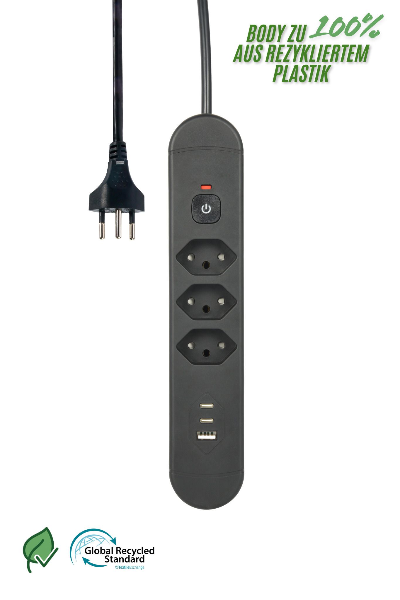 Steckdosenleiste Re:Life USB - 3x T13. 2x USB-C + 1x USB-A, 1.8m Kabel, schwarz