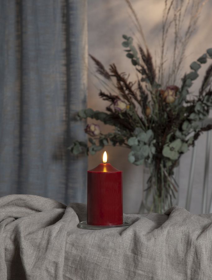 LED Pillar Kerze Flamme - Indoor, Rot, 15cm Höhe, Timerfunktion
