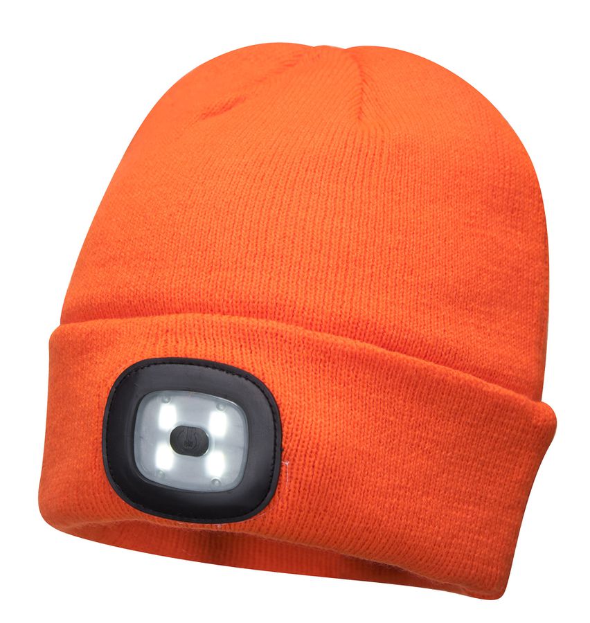LED Wollmütze orange, USB aufladbar - orange, 150lm, inkl. USB-Akku, Blister Verpackung