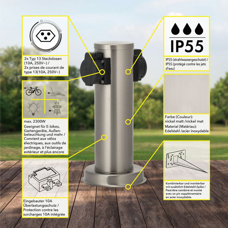 IP55 Energiesäule 2xT13 - 230V AC, max. 10A, 2xT13, IP55, nickel, rostfrei, Überlastschutz