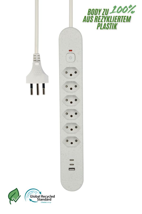 Steckdosenleiste Re:Life USB - 6x T13. 2x USB-C + 1x USB-A, 1.8m Kabel, weiss