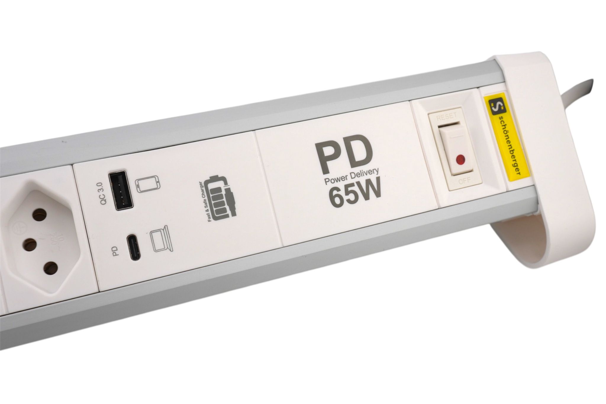 ALU Tisch-Steckdosenleiste NOTEBOOK - 4xT13,1x USB-C 1x USB-A PD 60W, 2.0m Kabel, Stecker T12, Aluminium/weiss