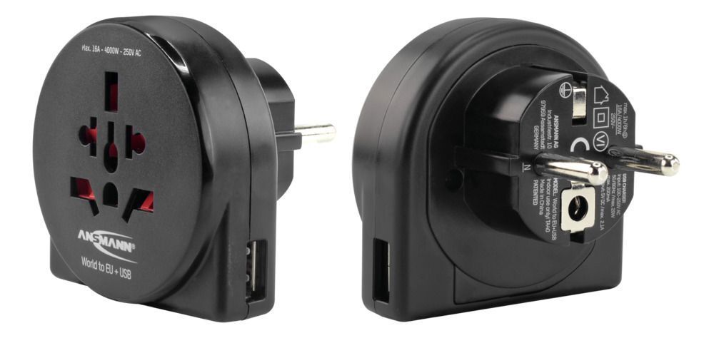 Reisestecker World to EU + USB - mit Schutzleiter für Geräte der Schutzklasse I & II, für Reisen in Länder mit Schuko-Steckdose