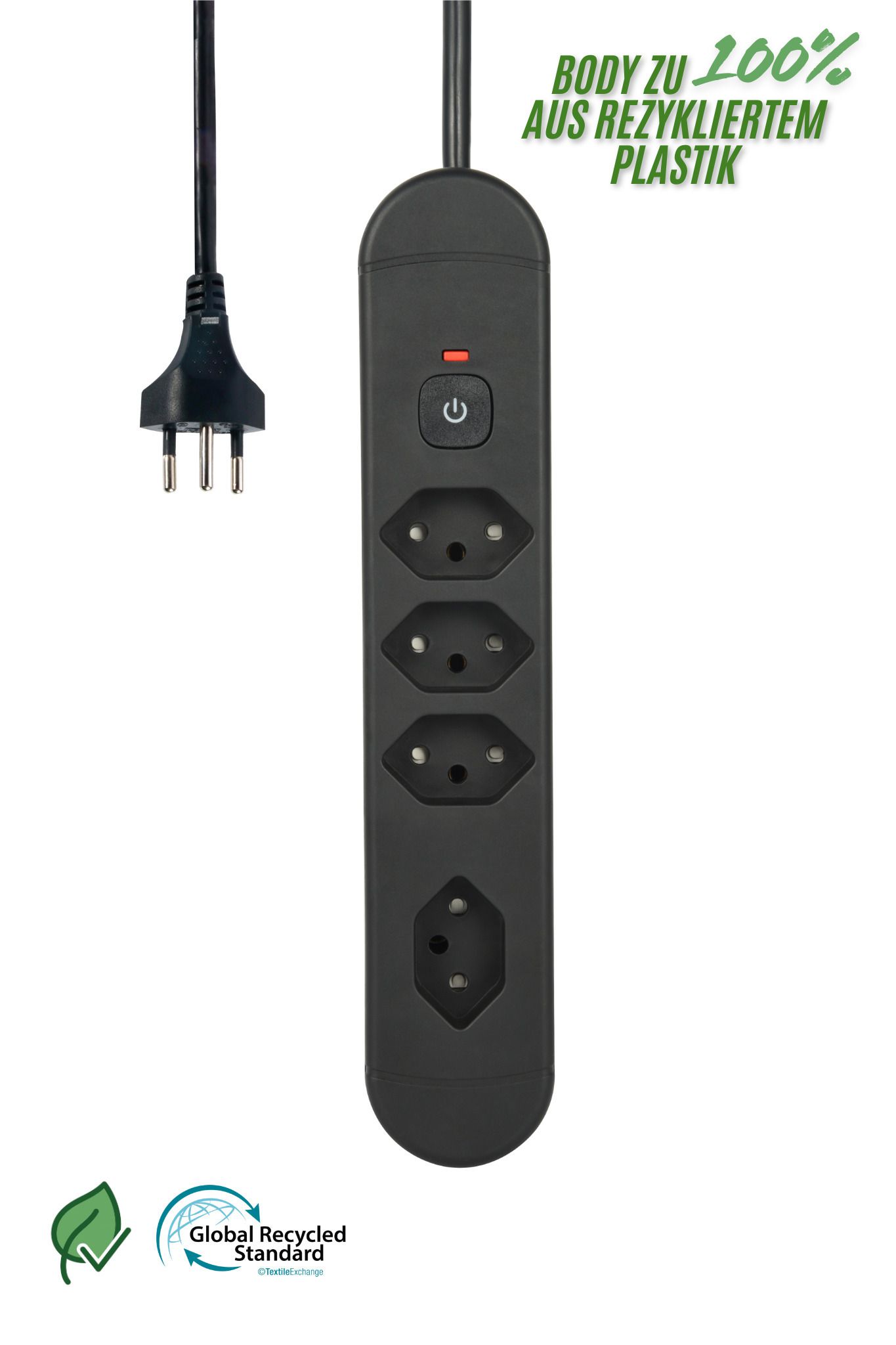 Steckdosenleiste Re:Life - 4x T13., 1.8m Kabel, schwarz