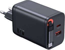 67W GaN 2-Port Fast Charger integr. USB-C Cable - Out: USB-C / USB-A: 67W PD, integriertes 70cm USB-C Kabel, schwarz