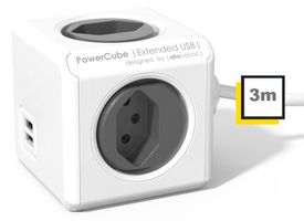 PowerCube Extended USB grau - 4xT13, 2xUSB-A max. 2.1 A, 3m Zuleitung T12-Stecker