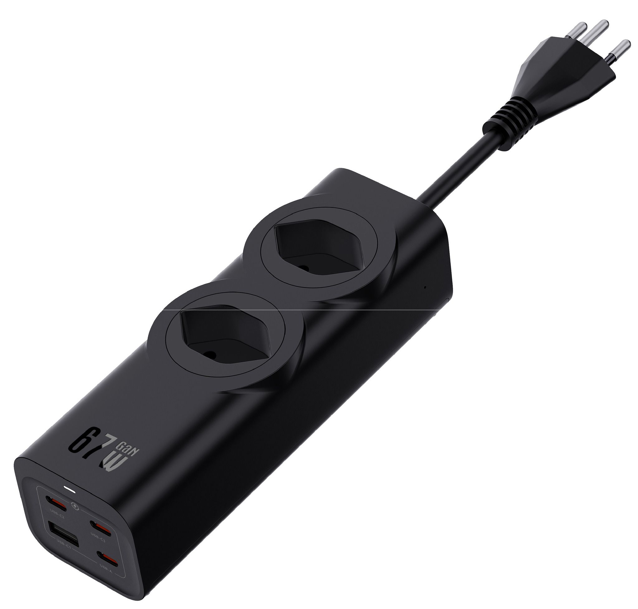 67W GaN Fast Charging Station - 2x T13, Out: USB-C1/ C2/ C3: 67W PD, C1+C2 shared: 45W + C3: 20W, USB-A: 5W, GaN, 2m Kabel, schwarz