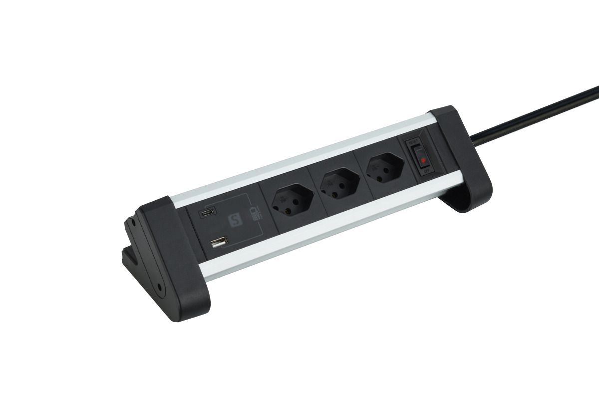 Aluminium Multipresa - 3xT13, 1x USB-C / 1x USB-A max. 3.4A / PD 20W, 3.0m Zuleitung, schwarz