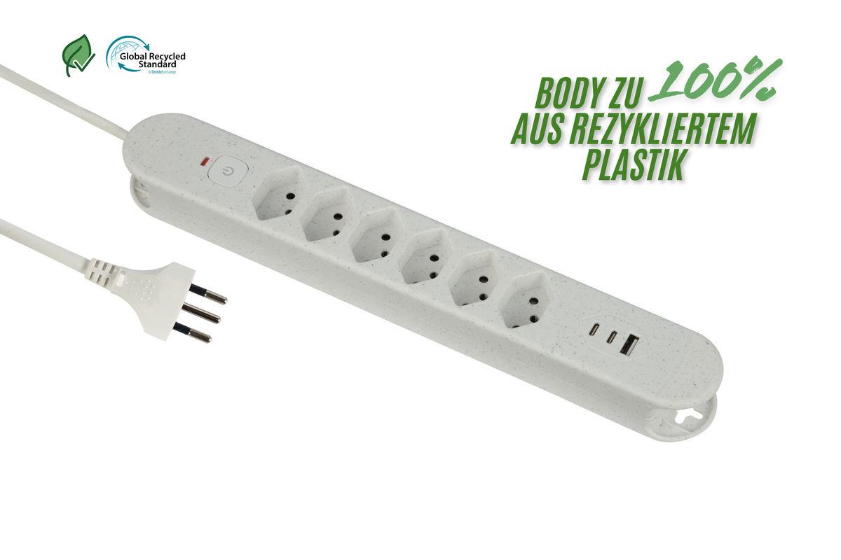 Steckdosenleiste Re:Life USB - 6x T13. 2x USB-C + 1x USB-A, 1.8m Kabel, weiss