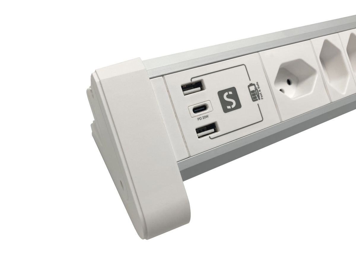 ALU DESKTOP USB-C - 4xT13, 1x USB-C / 2x USB-A max. 3.4A / PD 20W, 2.0m Zuleitung, weiss