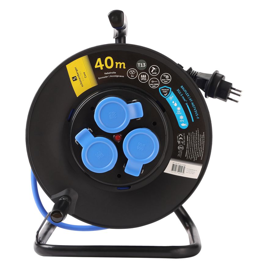 Kabelrolle Kunststoff T13 IP55  40m - BAUFLEX N07V3V3-F 3G1.5mm2 3xT13 Steckdosen