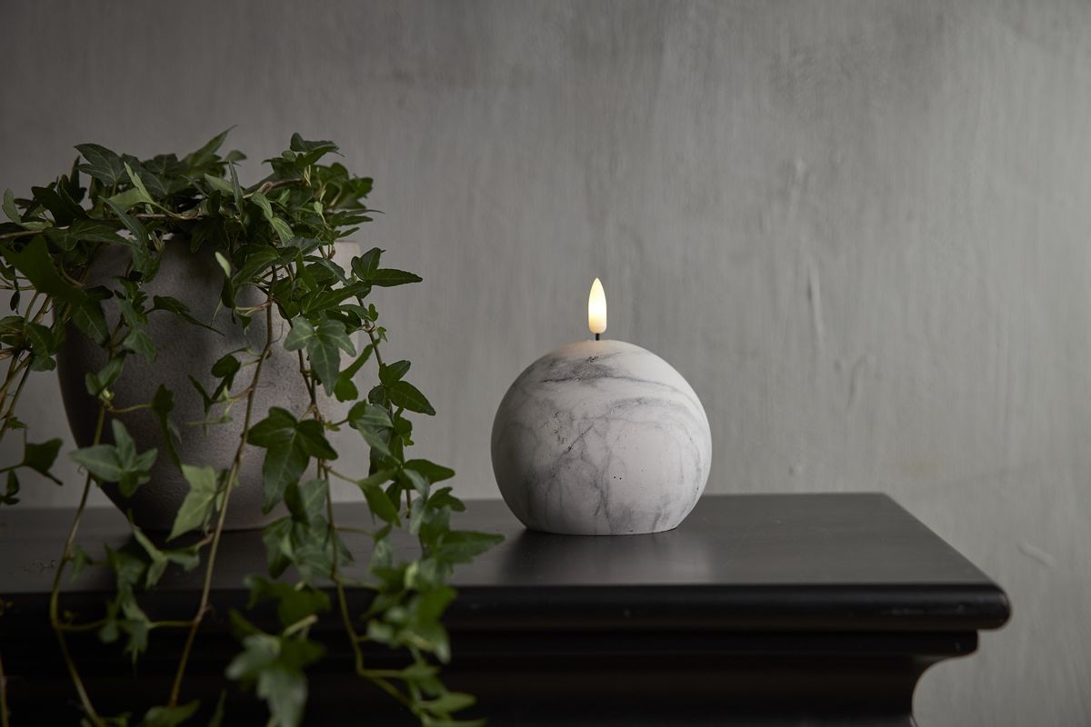 LED Pillar Kerze Flamme Marble - Indoor, Grau, 12 cm höhe, Timerfunktion