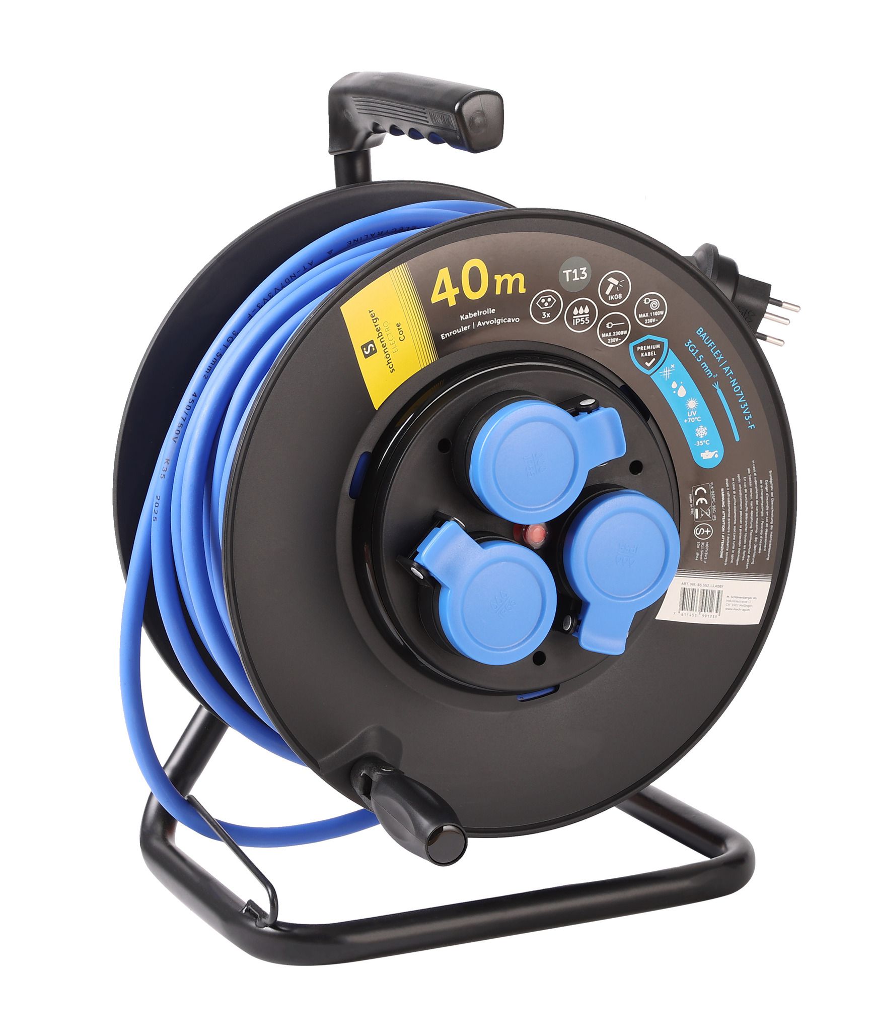 Kabelrolle Kunststoff T13 IP55  40m - BAUFLEX N07V3V3-F 3G1.5mm2 3xT13 Steckdosen