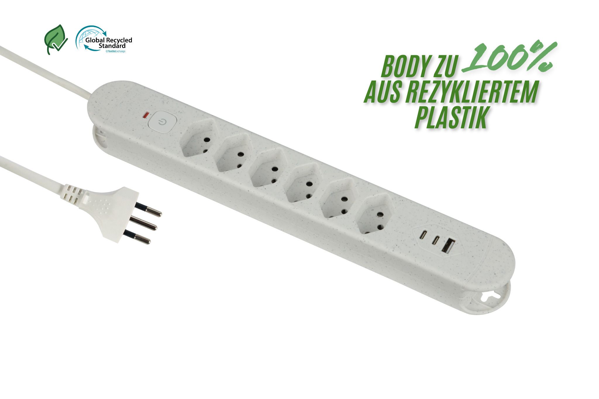 Steckdosenleiste Re:Life USB - 6x T13. 2x USB-C + 1x USB-A, 1.8m Kabel, weiss