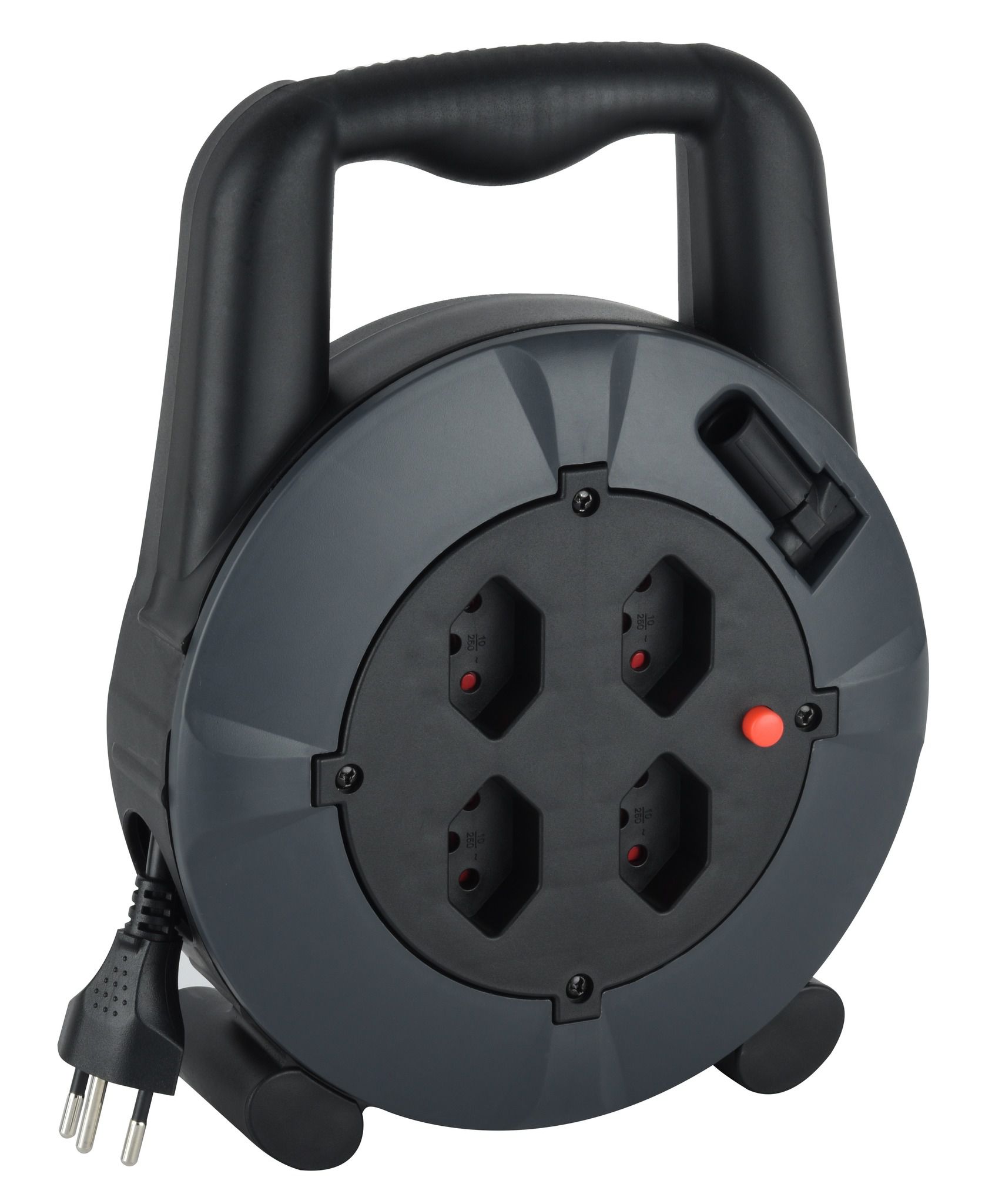 Box de câble - 10m Kabel, H05VV-F 3G1.0mm, 4xT13, 10A, Thermoschutzschalter, Griff, grau/schwarz