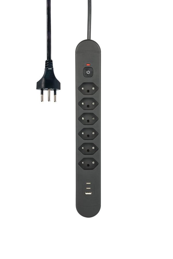 Steckdosenleiste Re:Life USB - 6x T13. 2x USB-C + 1x USB-A, 1.8m Kabel, schwarz