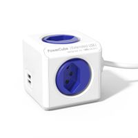 PowerCube Extended USB blau - 4xT13, 2xUSB-A max. 2.1 A, 1.5m Zuleitung T12-Stecker, inkl. Halterung + Klebestreifen, Kinderschutz