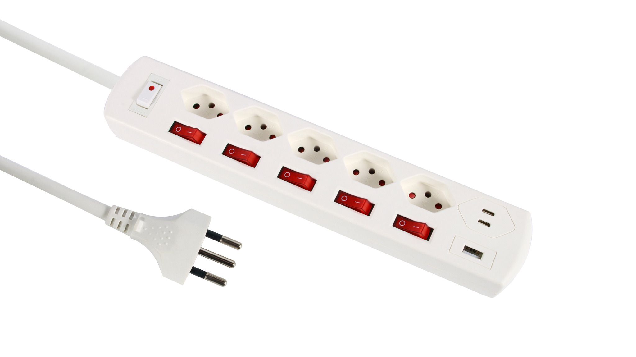 Steckdosenleiste Fix-Line+ MultiSwitch USB AC - 5x T13, 2x USB-C + 1x USB-A PD 20W, 2.0m Kabel, einzeln schaltbar + Hauptschalter, weiss