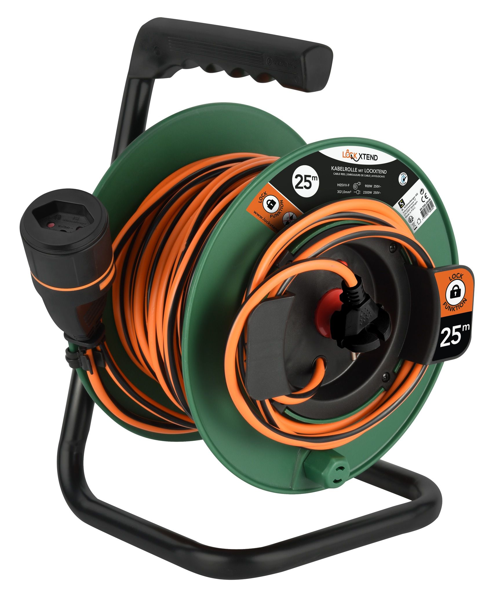 LOCKXTEND Kabelrolle 25m - LOCK-Kupplung T13, Stecker T12 mit Lasche, 230V - 10A, grün + orange/schwarz