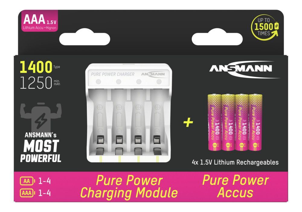 Pure Power Set 4× Micro AAA Akkus und Lademodul - Lithium-Ladegerät