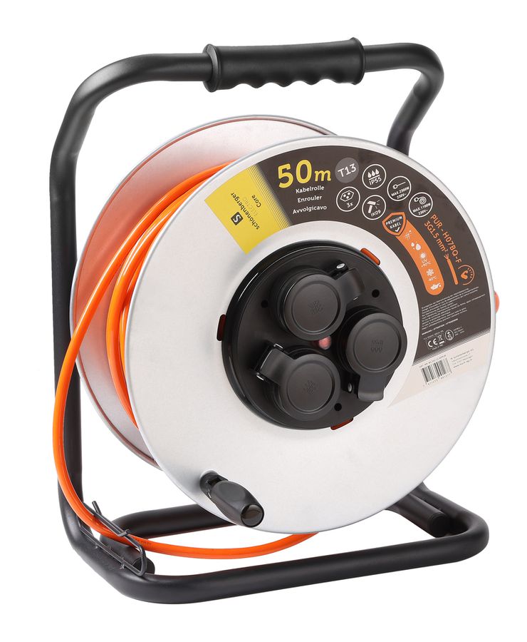 Kabelrolle Metall T13 IP55 50m - EPR-PUR H07BQ-F 3G1.5mm2 3xT13 Steckdosen
