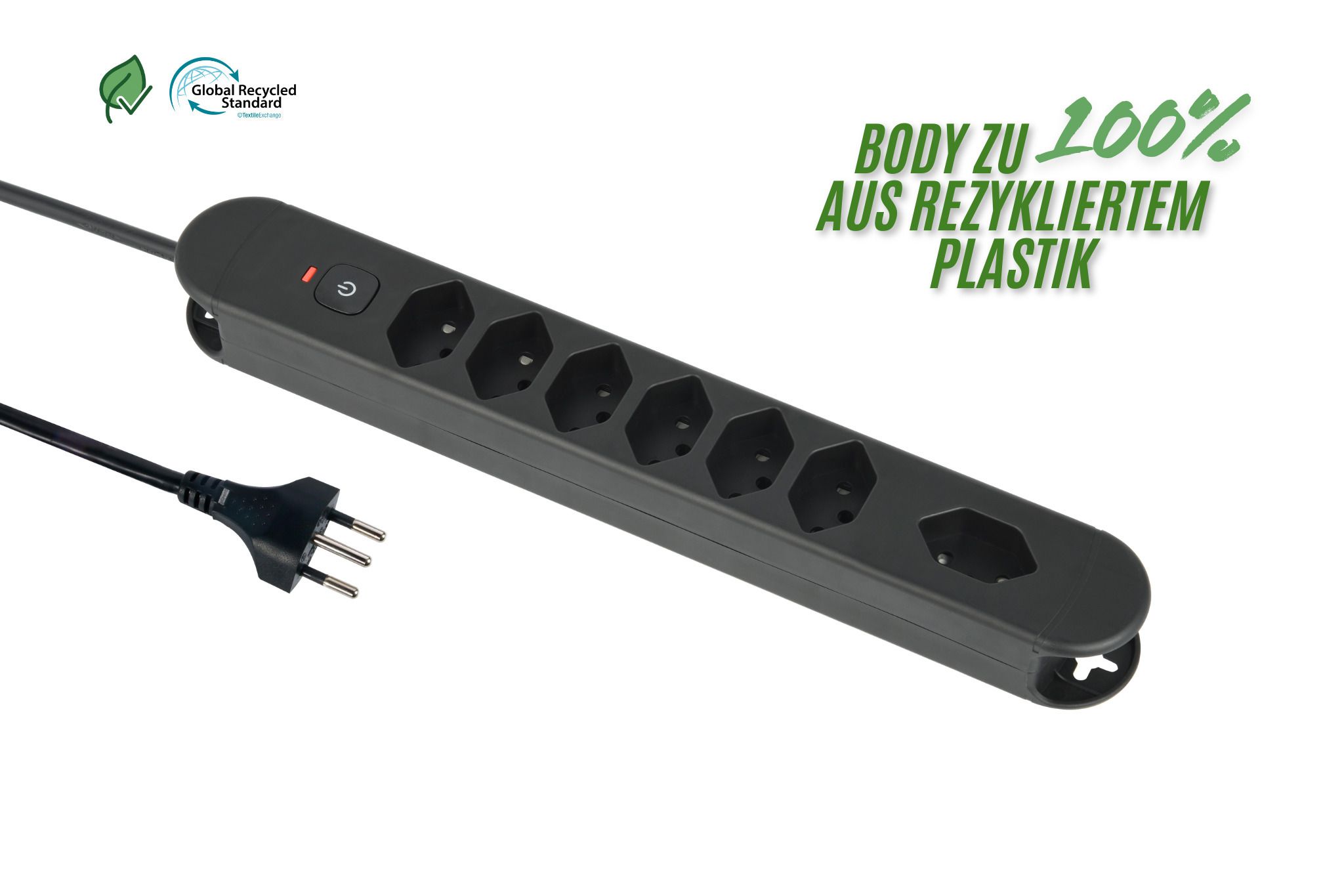 Steckdosenleiste Re:Life - 7x T13., 1.8m Kabel, schwarz