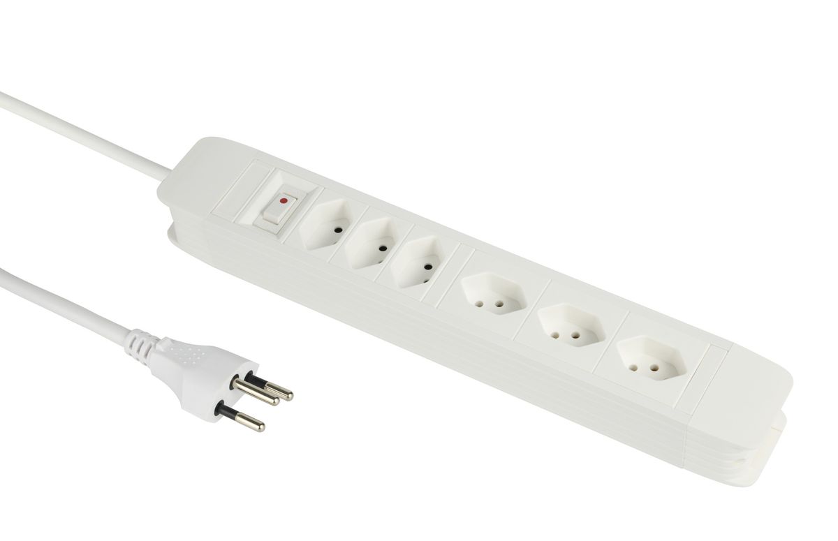 Steckdosenleiste PRINCIPIO 3xH/3xV - 6x T13 (3x horizontal / 3x vertikal), 2.0m Kabellänge, Schalter, weiss