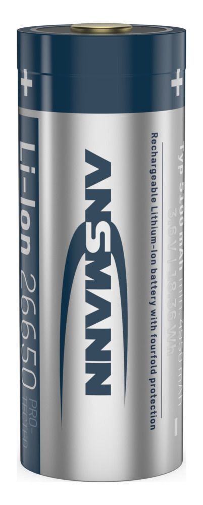 Li-Ion Akku 26650 5100 mAh mit USB Typ-C Ladebuchse - Li-Ion Akku 26650 5100 mAh, 3.6V, silber, geschützter Akku aufgrund Sicherheitsbeschaltung