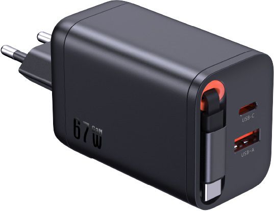 67W GaN 2-Port Fast Charger integr. USB-C Cable - Out: USB-C / USB-A: 67W PD, integriertes 70cm USB-C Kabel, schwarz
