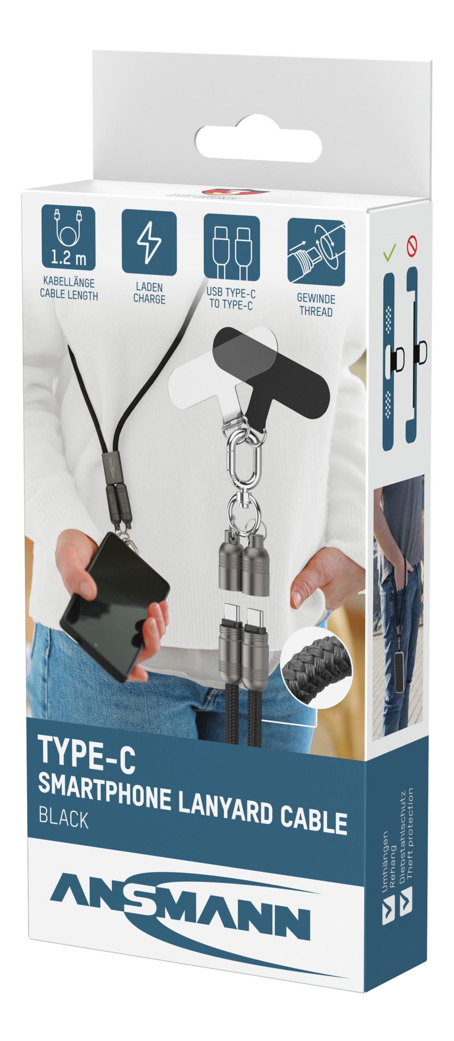 Lanyard Kabel USB Typ-C zu USB Typ-C - 120 cm, schwarz