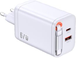 67W GaN 2-Port Fast Charger integr. USB-C Cable - Out: USB-C / USB-A: 67W PD, integriertes 70cm USB-C Kabel, weiss