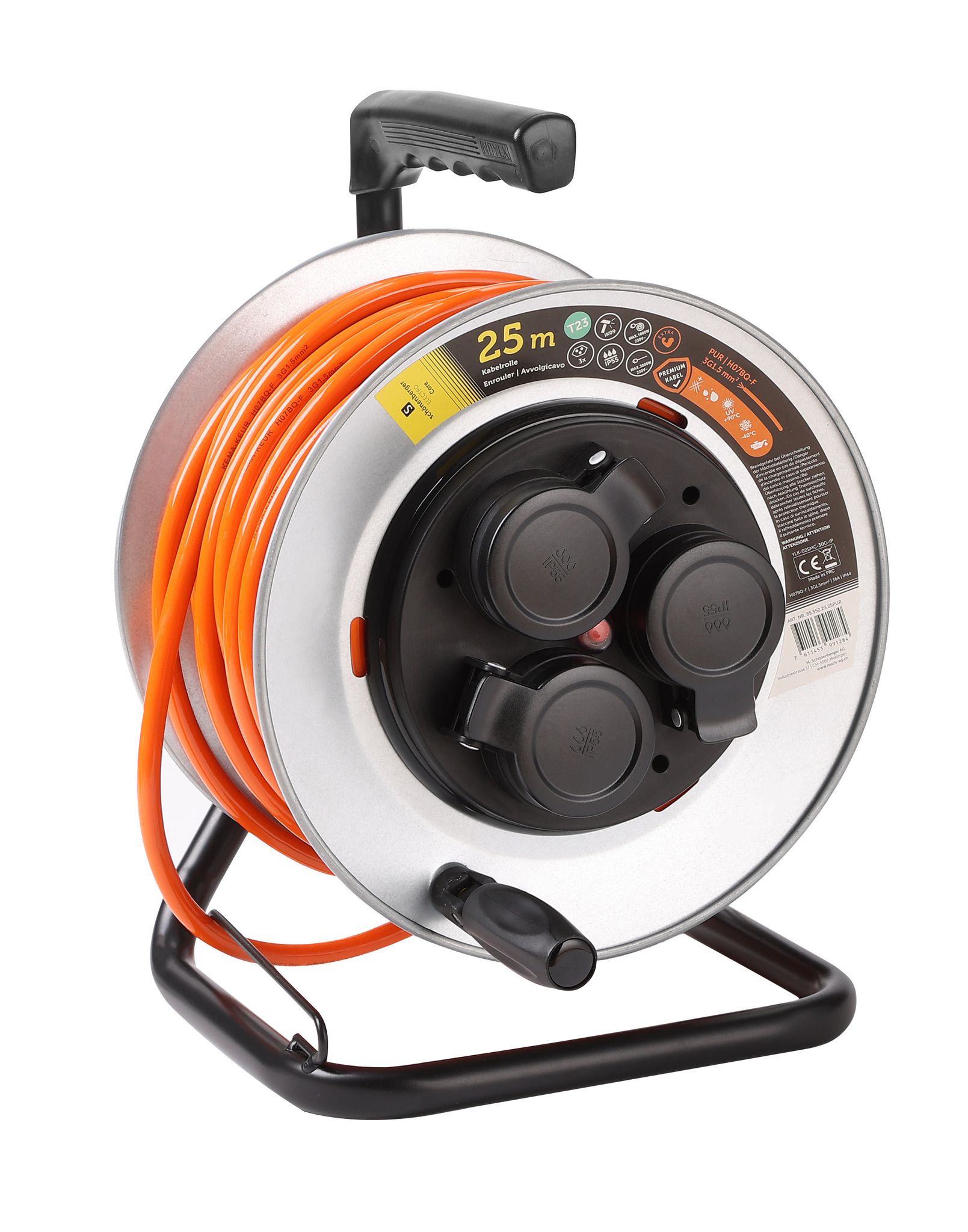 Kabelrolle Metall T23 IP55 25m - EPR-PUR H07BQ-F 3G1.5mm2 3xT23 Steckdosen