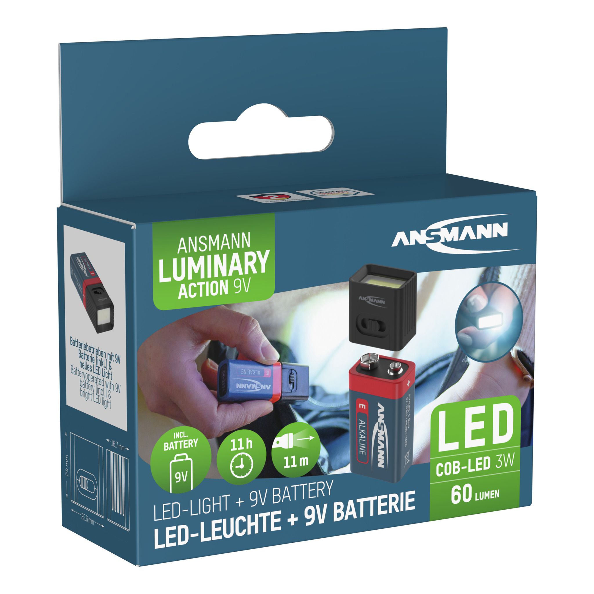Taschenlampe COB LED-Leuchte mit 9V Batterie - 60lm, IP20, Schwarz