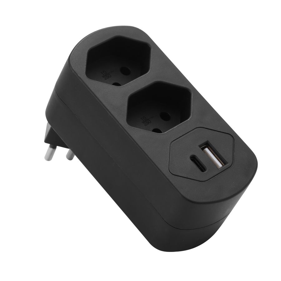 Abzweigstecker MOVE 2xT13 schwarz - 270° drehbar mit USB PD30W schwarz (offen)