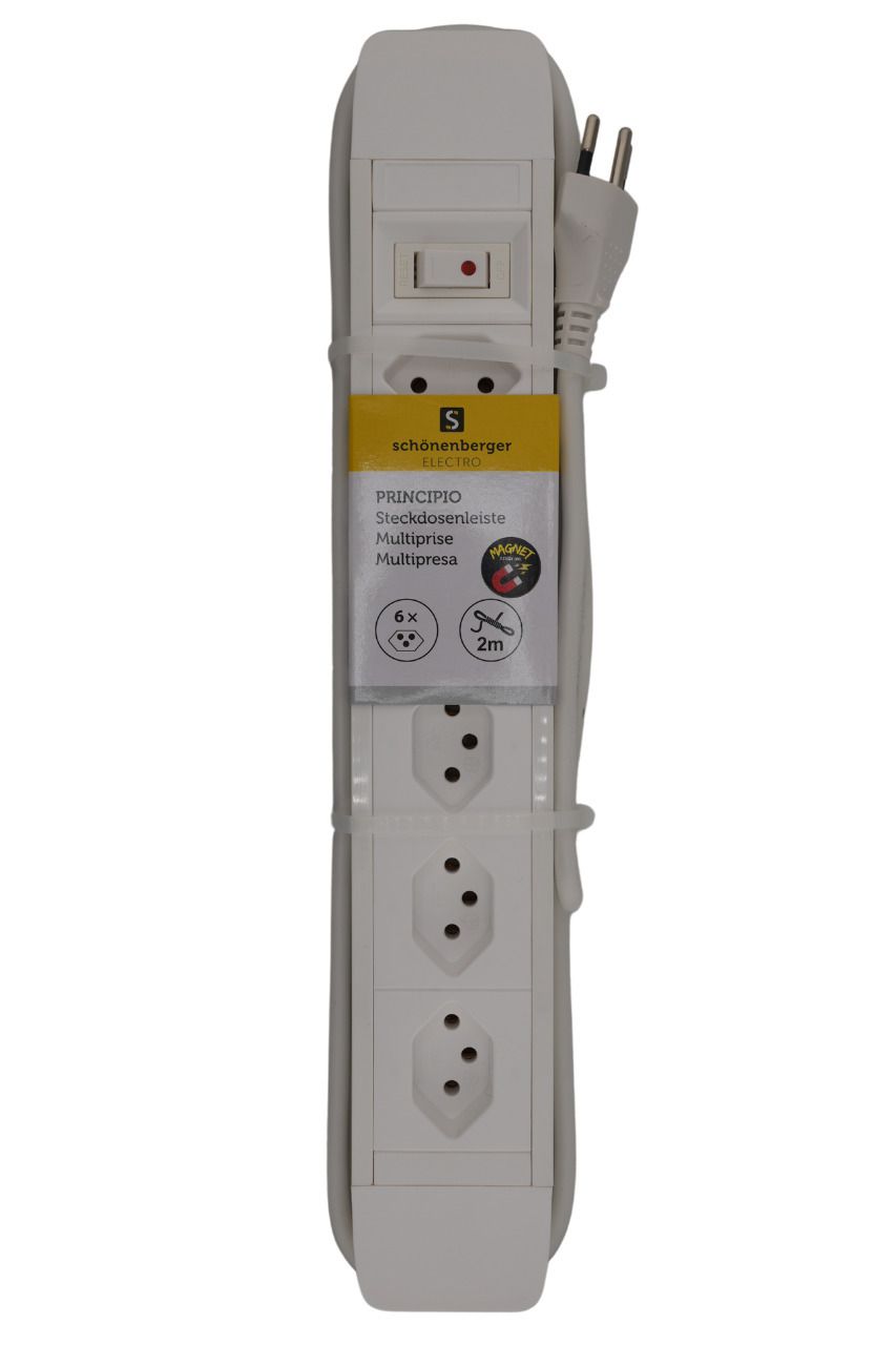 Steckdosenleiste PRINCIPIO 3xH/3xV Magnet - 6x T13 (3x horizontal / 3x vertikal), 2.0m Kabellänge, Schalter, weiss