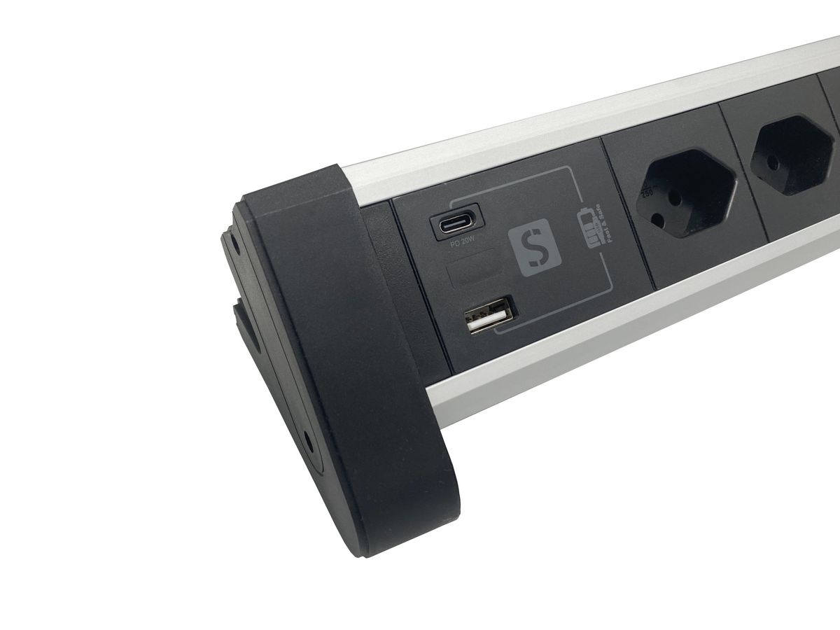 Aluminium Multipresa - 3xT13, 1x USB-C / 1x USB-A max. 3.4A / PD 20W, 3.0m Zuleitung, schwarz