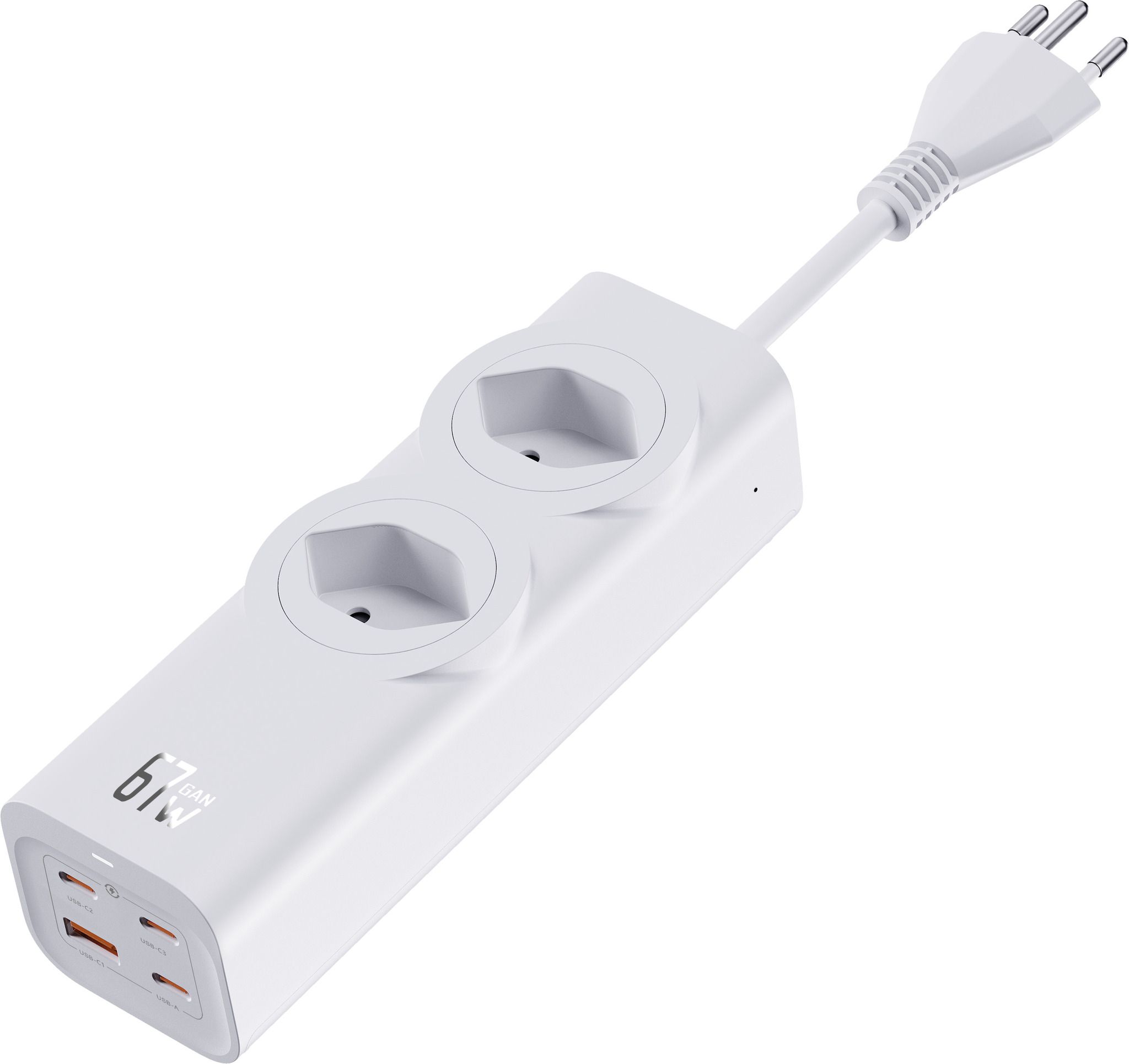 67W GaN Fast Charging Station - 2x T13, Out: USB-C1/ C2/ C3: 67W PD, C1+C2 shared: 45W + C3: 20W, USB-A: 5W, GaN, 1.5m Kabel, weiss