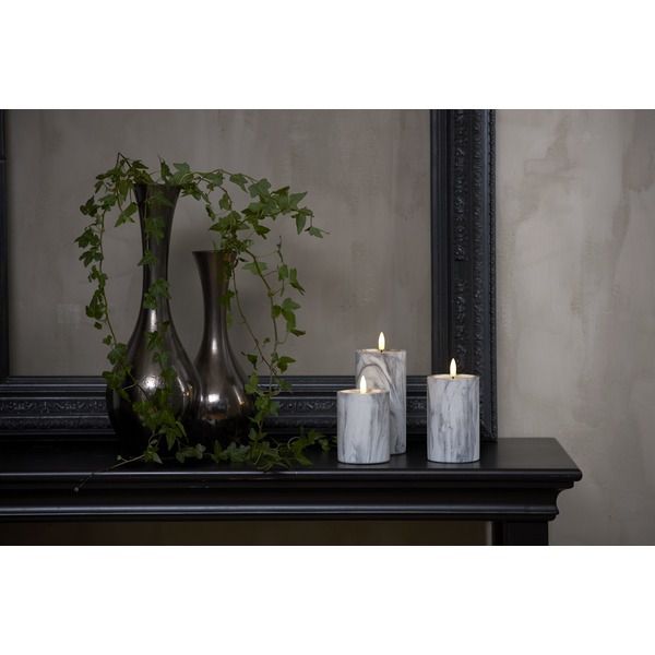 LED Pillar Kerze Flamme Marble - Indoor, Grau, 17.5cm, Timerfunktion