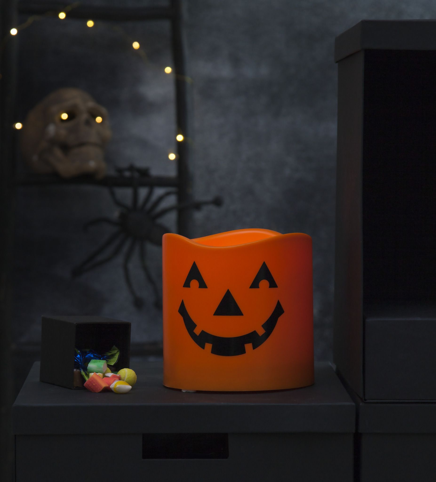 LED Pillar Kerze Halloween - Indoor, Orange, 15cm Höhe, keine Timerfunktion
