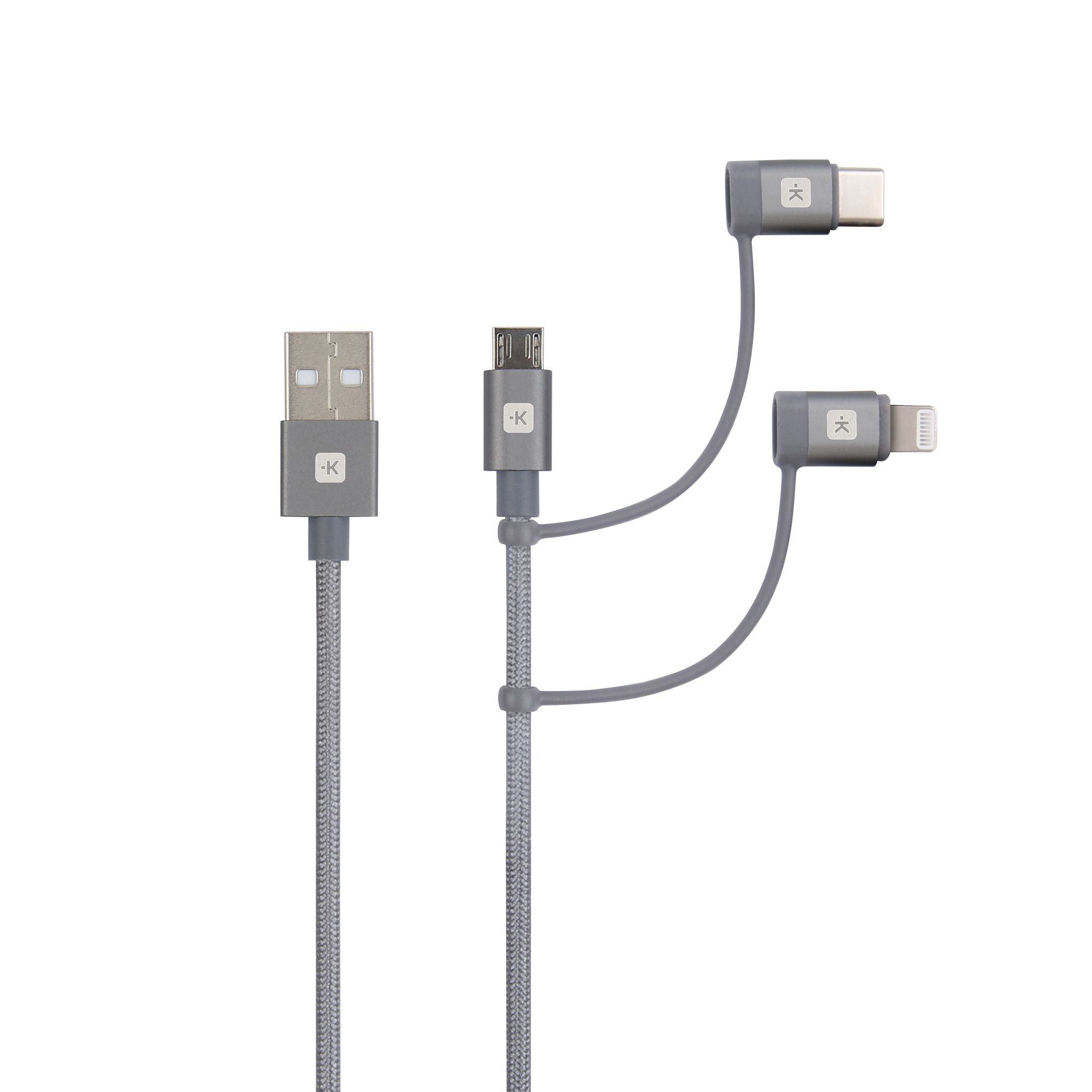 3in1 Cable - 0.3m - 3in1 Kabel mit Micro-USB + Lightning- & USB-C Connector, 0.3m, Apple zertifiziert, grau