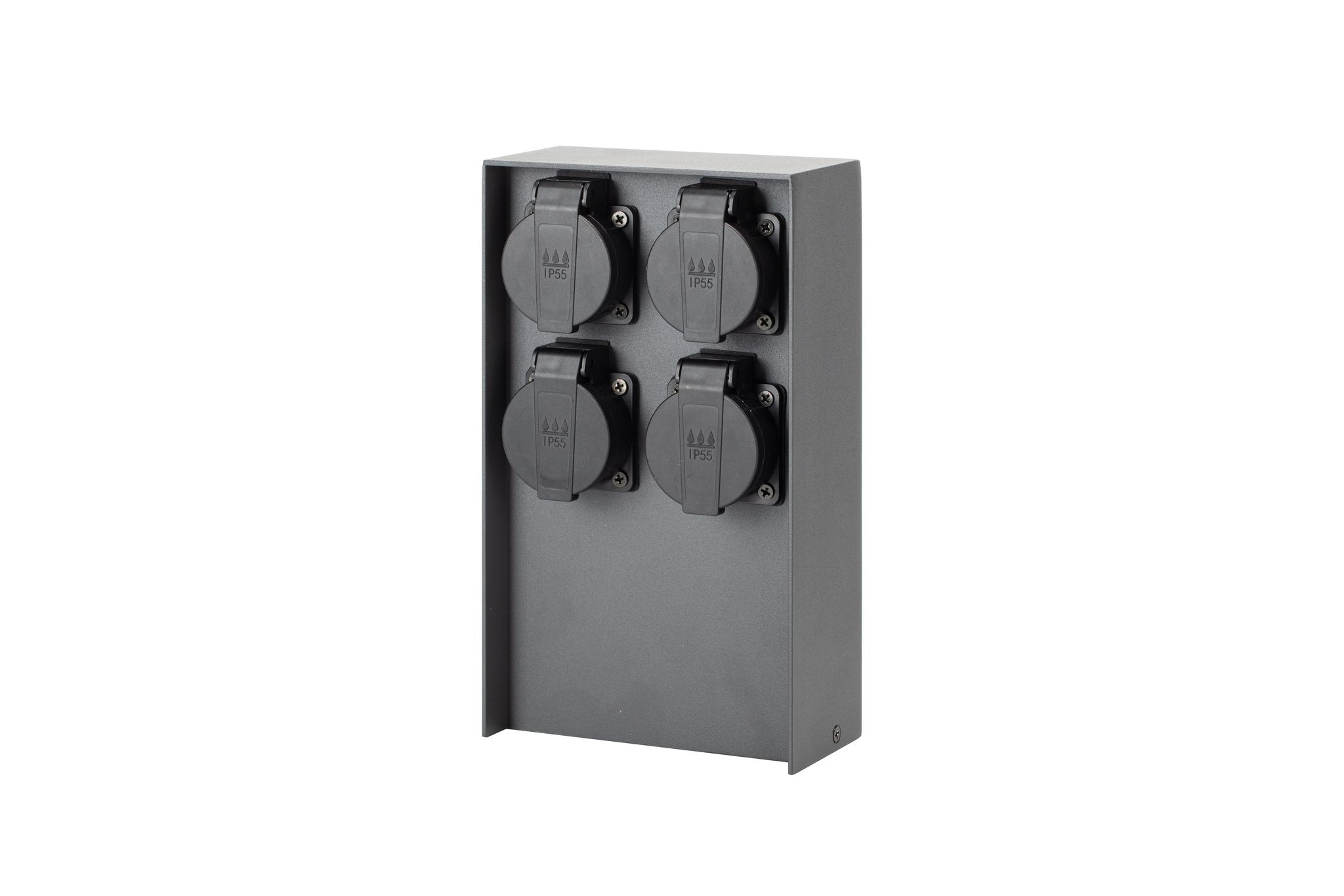 IP55 Energiesäule 4xT13 - 230V AC, max. 10A, 4xT13, IP55, schwarz-matt, rostfrei, Überlastschutz, L=130mm, B=85mm, H=230mm