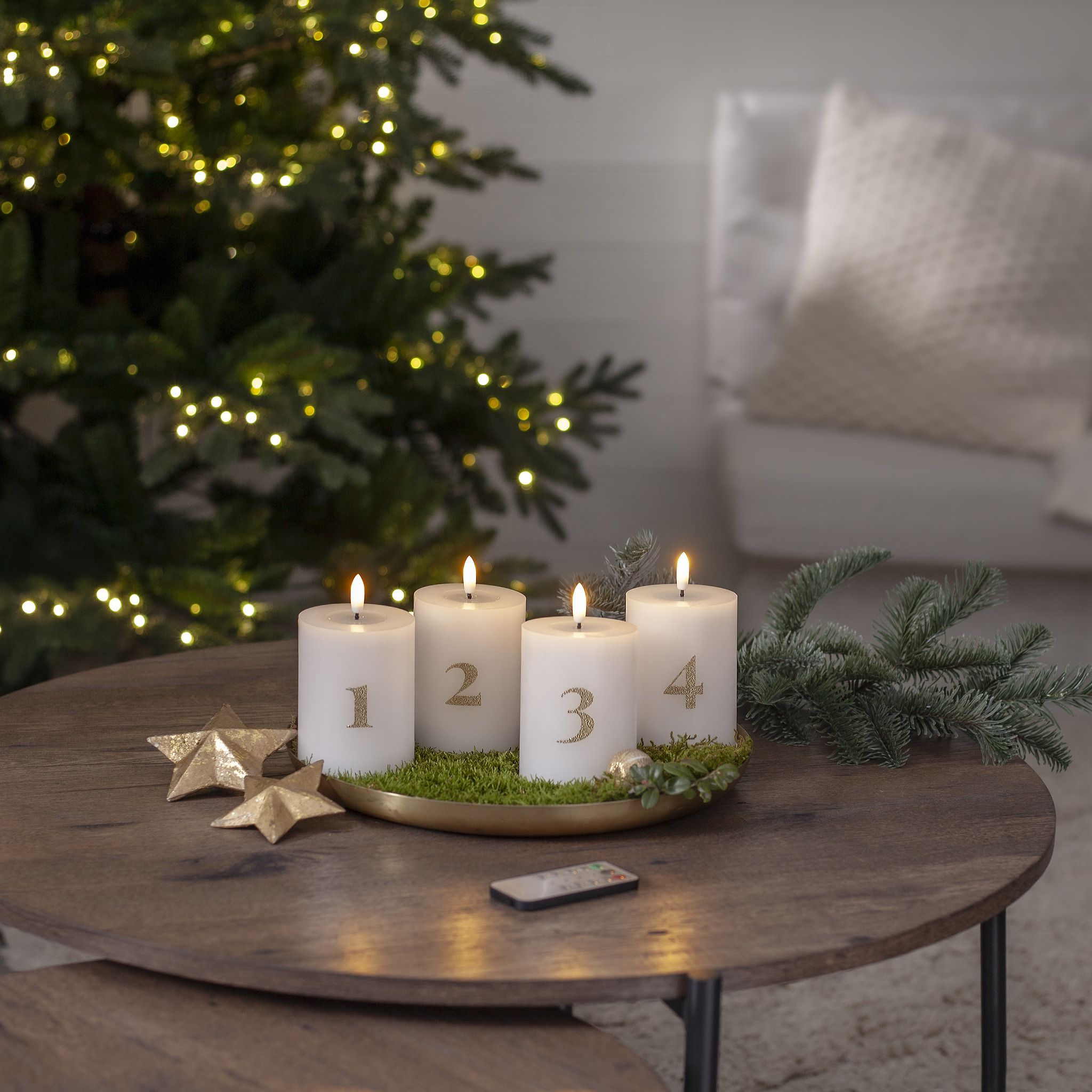 LED Pillar Kerze 4 pack Flamme Advent - Indoor, Weiss, 12.50 cm Höhe, Timerfunktion