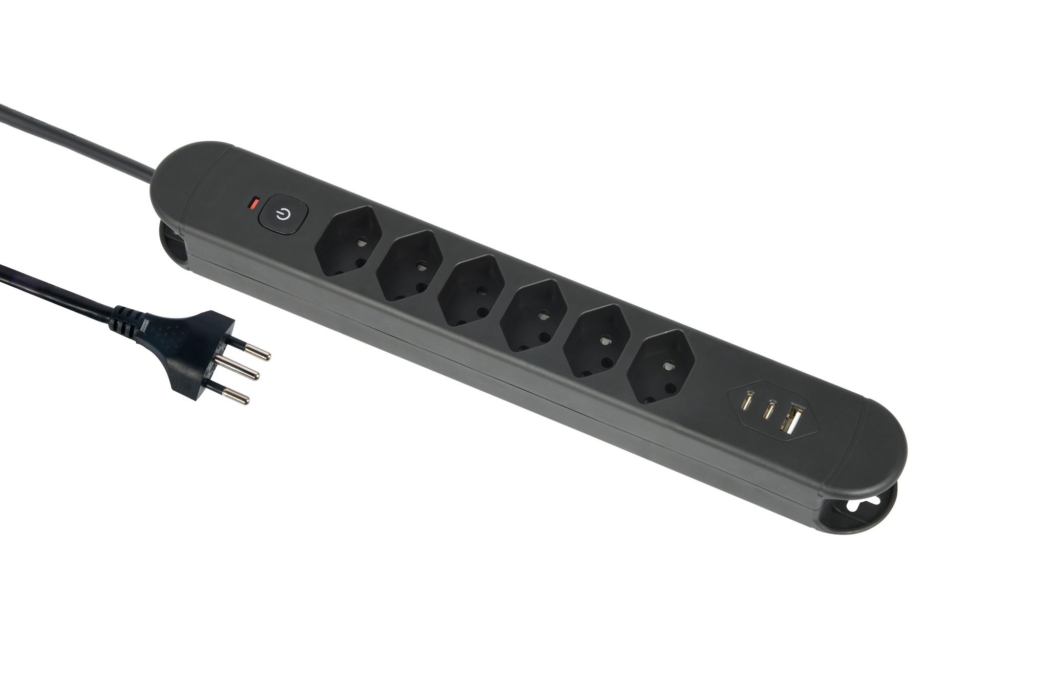 Steckdosenleiste Re:Life USB - 6x T13. 2x USB-C + 1x USB-A, 1.8m Kabel, schwarz