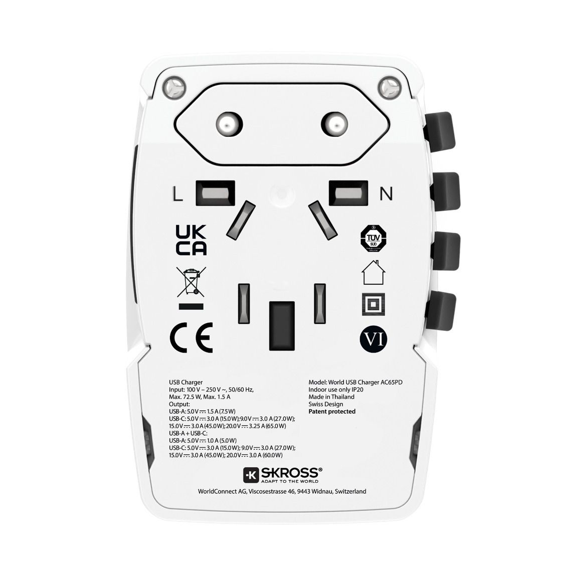 World USB Charger AC65PD - Schuko, 2-Pol EU, IT, UK, BRA, USA/Japan, AUS/China, 1xUSB-A 7.5W, 1x USB-C 65W PD