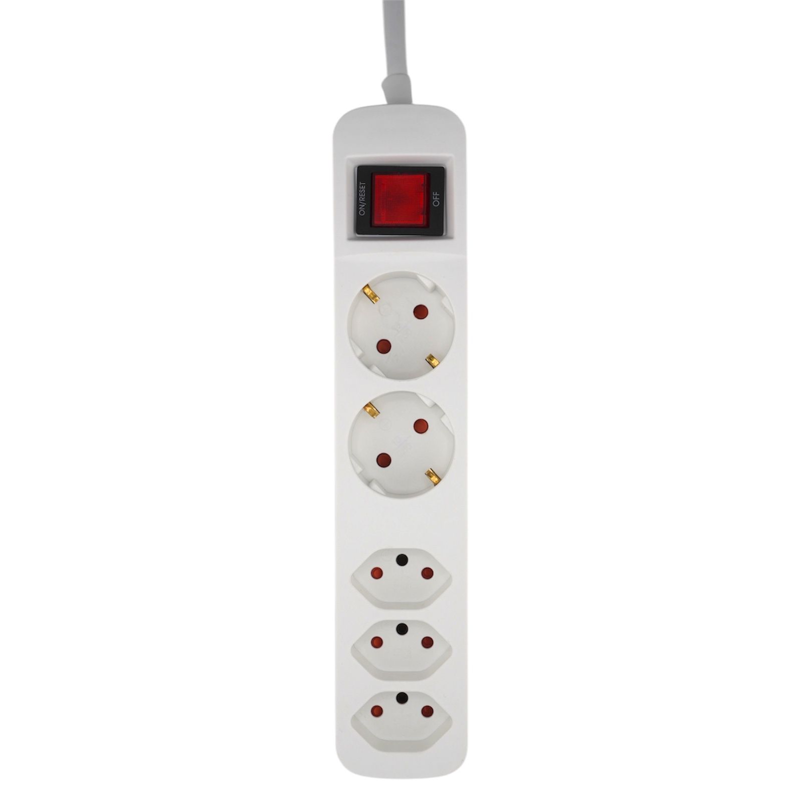 Steckdosenleiste CH/Schuko - 2x Schuko + 3xT13 Steckdosen, T12 Stecker, 1.5m Kabel, integrierter Leuchtschalter, weiss, mit Kinde