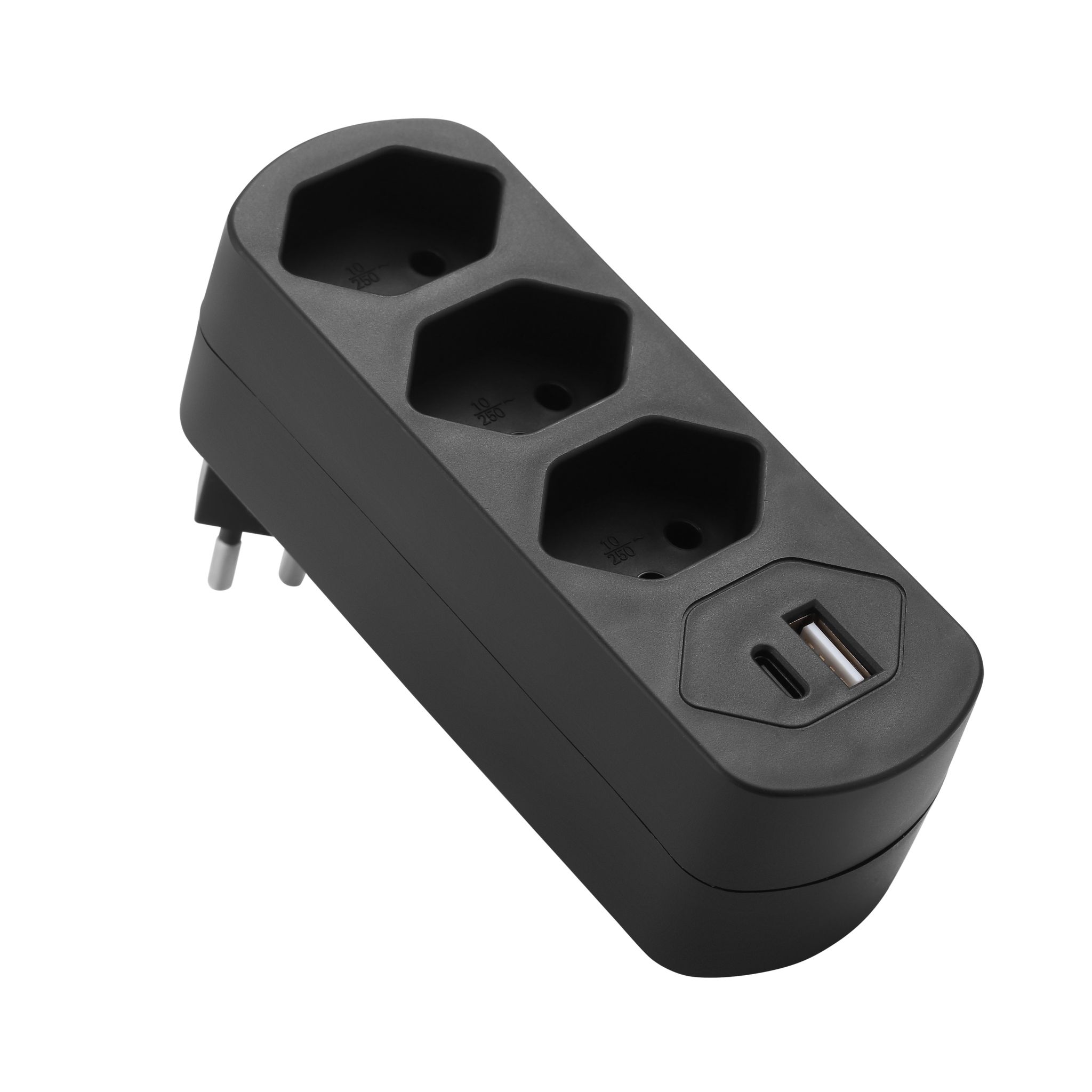 Abzweigstecker drehbar 3xT13 mit USB PD30W schwarz - Abzweigstecker drehbar 3xT13 mit USB PD30W schwarz