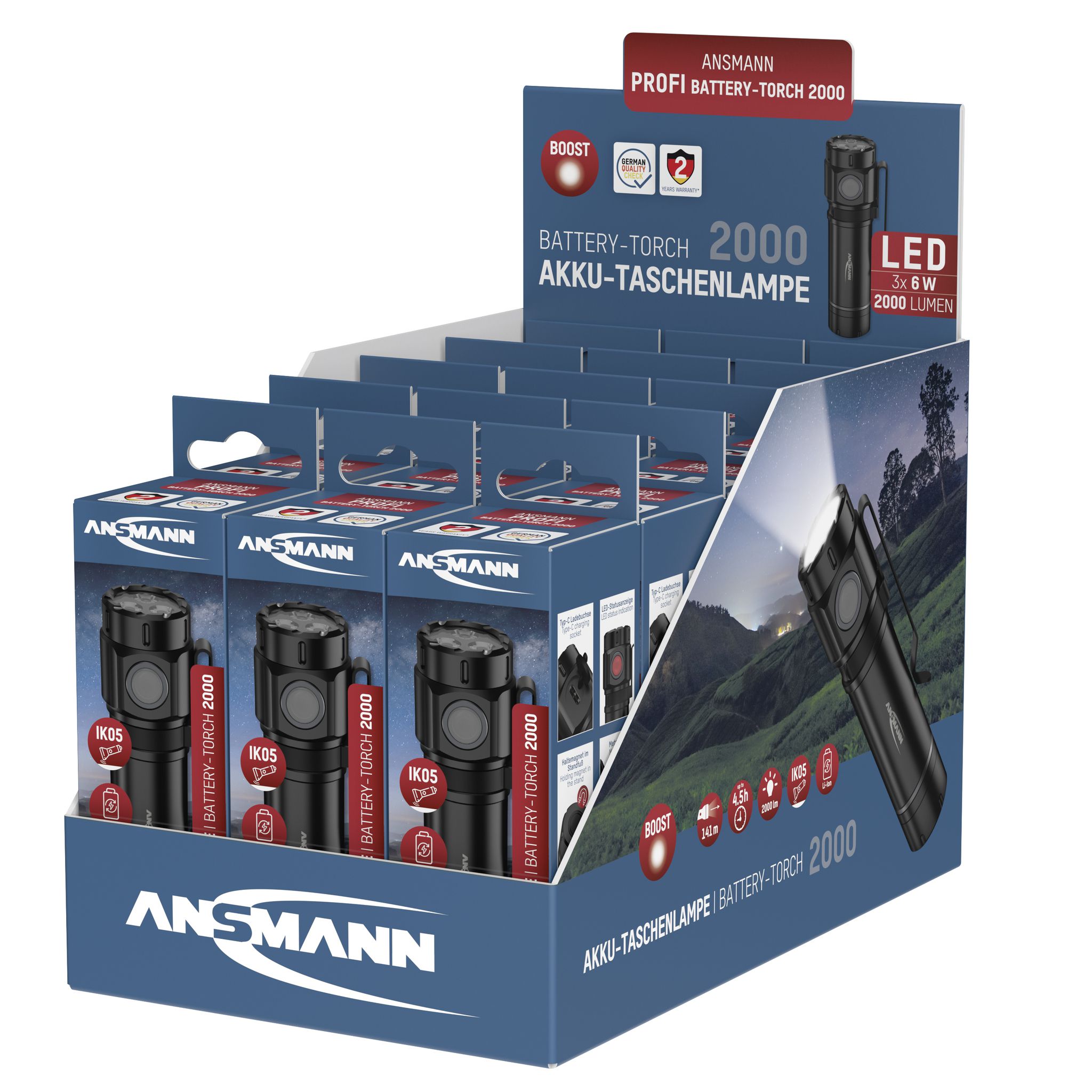 Akku-Taschenlampe 2000 - 2000lm, 6500 - 8500K,4.5 h Leuchtdauer