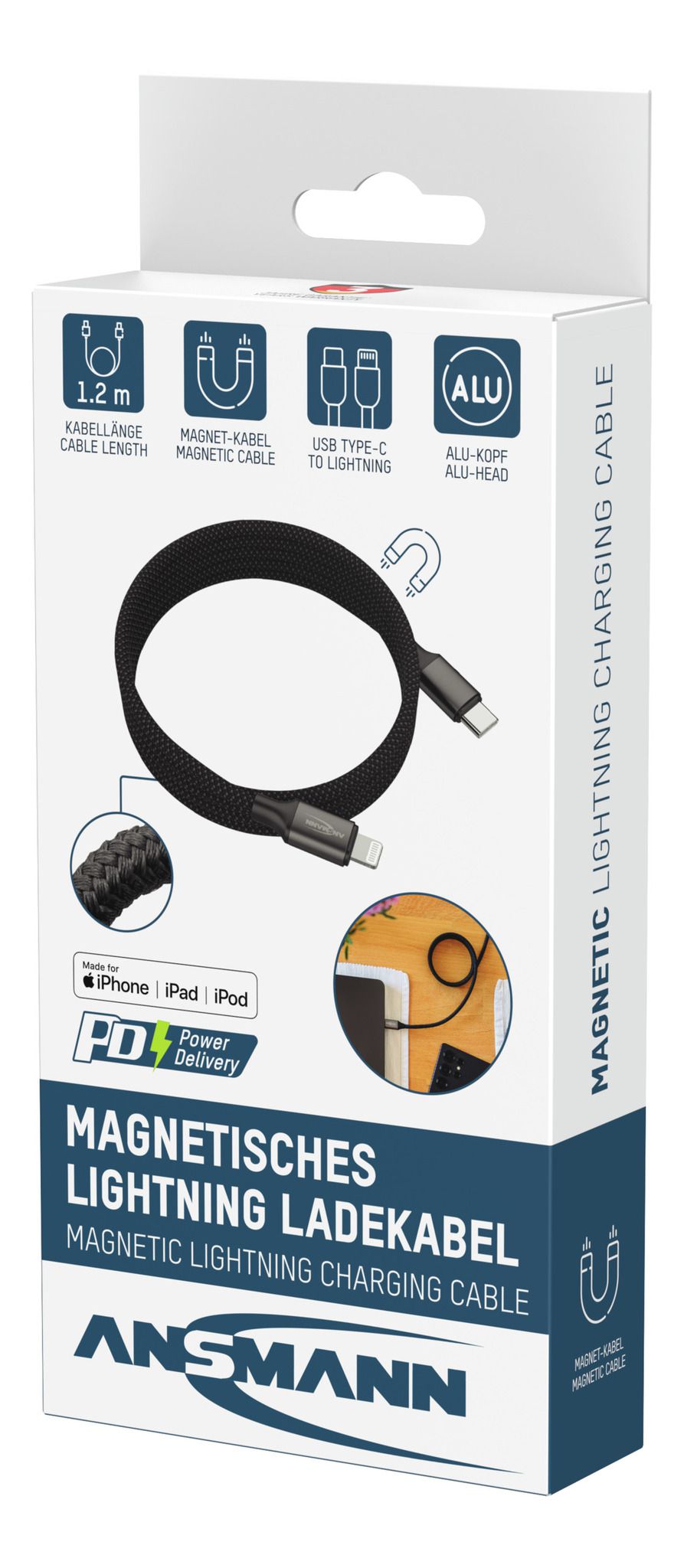 Magnetisches Kabel USB Typ-C auf Lightning - 120 cm,  schwarz