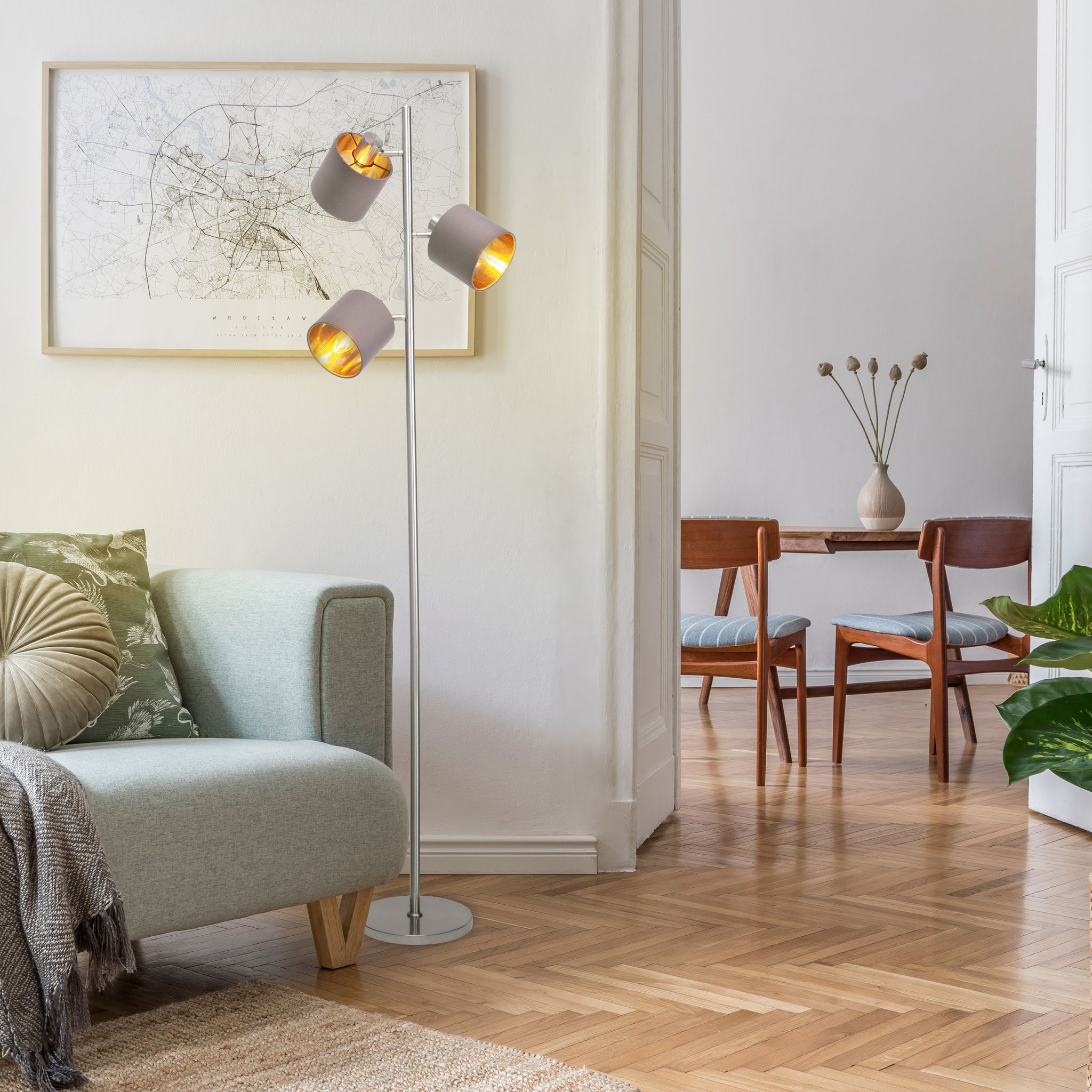 Stehleuchte MARON G - E14, max. 3x40W, IP20, nickel + braun + gold, nicht dimbar, exkl. Leuchtmittel, D=350mm, H=1528mm